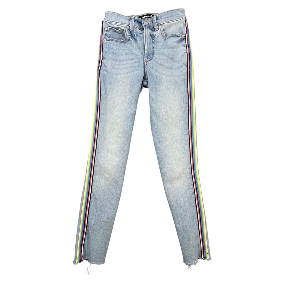 Express Light Wash Rainbow Side Stripe High Rise Ankle Legging Jeans Women 00R